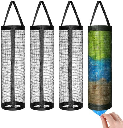 Tweruna 4 Pcs Black Plastic Bag Holder, Plastic Bag Dispensers for Grocery Store, Foldable Mesh Hanging Storage Bags, Shopping Trash Bags Holder, Black Hanging Storage Dispensers