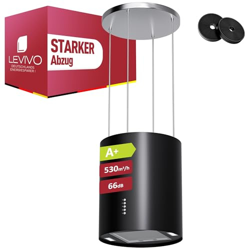 LEVIVO A+ Inselhaube Umluft Freihängend mit 530 m³/h Luftleistung, Insel Dunstabzugshaube mit 2 Aktivkohlefiltern, 1 Fettfilter, 3 Stufen & Booster, 2 LEDs, Abzugshaube, Schwarz