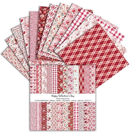 Scrapbook papper, 24 ark, 15,2 x 15,2 cm, dubbelsidigt mönsterpapper, set för dekorativt papper, flerfärgat hantverk papper för gör-det-själv fotoalbum och scrapbook-dekoration (röd och rosa, 6 tum)