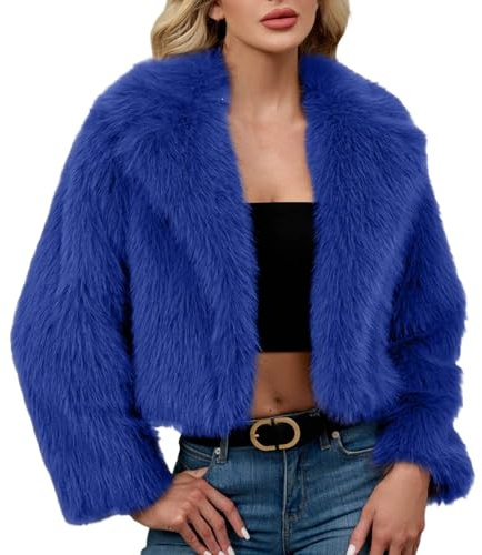 Générique Veste courte en fausse fourrure pour femme, cardigan court élégant à manches longues ouvert sur le devant, revers de couleur unie, manteau décontracté en fausse fourrure pour femme