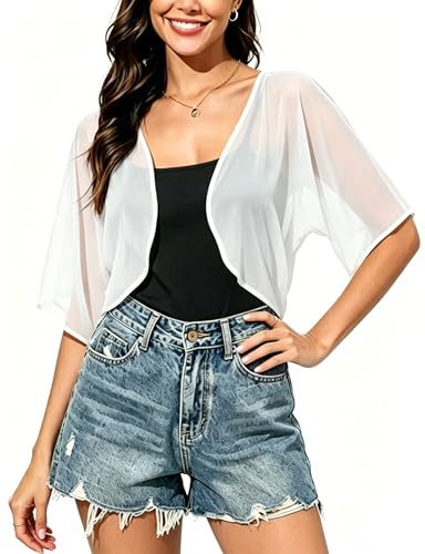 Koerye Bolero Mujer Manga Corta Gasa Cardigan Verano Transparente Abrir Chaqueta Elegante Ligero Gasa Toreras Casual Cardigan Ligero Shrug Tops