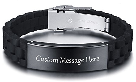 VNOX Anpassad anpassad rostfritt stål ID-etikett svart silikon justerbart gummiarmband för män, fri gravyr, 18 cm, Gummi, Utan sten