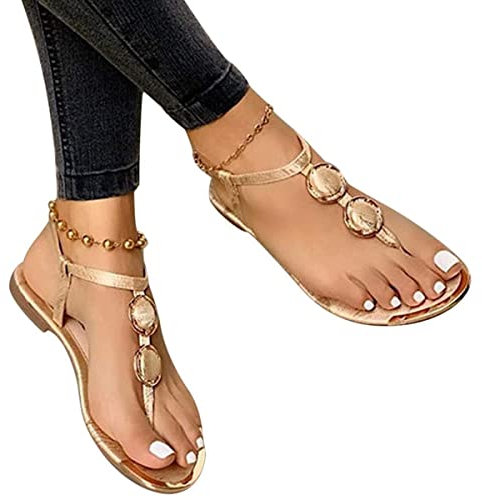 ORANDESIGNE Sandales Plates Femmes Chaussures Été Confortable à Talons Plats Nu Pieds Mode Tongs Plages Claquettes Semelle Matelassée Bout Ouvert Tressée D Or 41 EU