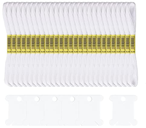Embroidery Threads 25 Skeins White, AUERVO Embroidery Floss, Cross Stitch Threads, Friendship Bracelet Thread，Crafts Floss Rainbow Color with 6 Embroidery Bobbins