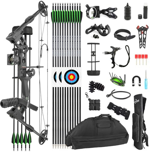 SHARROW Archery Compound Bow and Arrow Complete Set 20-70 LBS Adjustable Hunting Compound Bow Kit for Adults Beginner Outdoor Shooting LH/RH Available (Right-Handed, Black)