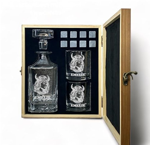 Whisky Set mit Gravur Wikinger personalisiert Karaffe 700 ml und Gläser verschiedene Motive Walhalla Thor Schiff Geschenkbox (Motiv 4: Wikingerfrau, Nur Karaffe)