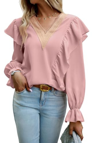 Atxnn Blusas Mujer Elegantes Camisa con Cuello en V Camisetas Boho Tops Manga Larga con Adornos de Encaje para Primavera Otoño, Rosa Grande