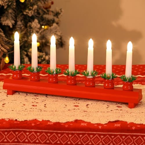 Lewondr Weihnachten Schwedischen Kandelaber, Elektrische Kerzen mit 7 Flammenlose Kegelkerzen, Hölzerne Kerze Brücke Licht mit USB Betrieben, Dekorative Weihnachtskerze Lichter für Hochzeit, Rot