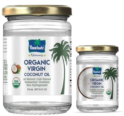 Parachute Naturalz Virgin Coconut Oil | 100% Organic Cooking Oil, Hair Oil and Body Oil | Cold Pressed | USDA Certified |16 Fl. Oz | Glass Jar | 16 fl oz + 6.7 floz | Pack of 2