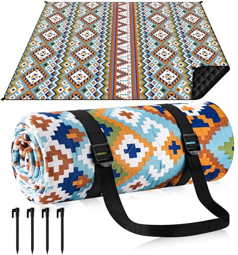 Gucass Boho Picknickdecke 200x200cm, Wasserdicht Stranddecke Sandfrei Strandmatte mit Tragegurt & 4X Heringe, Tragbare Waschbar XXL Campingdecke, Outdoor Picnic Blanket für Park Beach Wandern