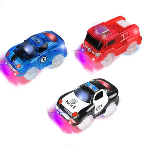 Glühen Tracks Autos-Spielzeugautos 3-Pack Tracks Autos mit 5 LED Blinklichten Magic Track Spielzeug, Zubehör kompatibel mit den meisten Tracks für Alter 3 4 5 6 7 Kinder
