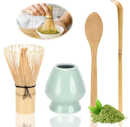 Vasmeiy 4 Pezzi Kit Matcha Set di Accessori Matcha, Matcha Kit Fruste Matcha, Include Cucchiaio per Matcha, Frusta per Matcha, Porta Pennello per tè in Ceramica (ciano)