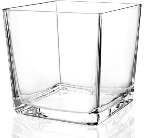 Comrzor 1 Pack Square Glass Vase 6 x 6 x 6, Clear Flower Vase for Centerpieces, Candle Holder for Wedding Party Events, Home Décor