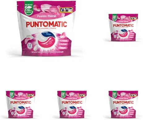 PUNTOMATIC | Cápsulas Tricámara Floral | Detergente Lavadora para Ropa Blanca y de Color | Quitamanchas | 12 lavados (Paquete de 5)