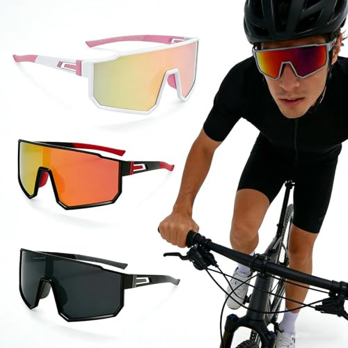 TIANLIN 3 Piezas Gafas Ciclismo Hombre y Mujer, Gafas de Sol Deportivas Hombre Polarizadas UV400 con Almohadillas Nasales Ajustables, Ideales para Running, Bicicleta, Pesca (Rojo/Gris/Rosa)