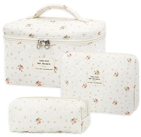 LIULINY 3 Pezzi Borsa Trucco Floreale, Borsa da Viaggio per Il Trucco da Donna, Beauty Case da Viaggio da Floreale, Beauty Case Morbido Makeup Bag, Makeup Bag Organizer, per Viaggi Colore Arancione