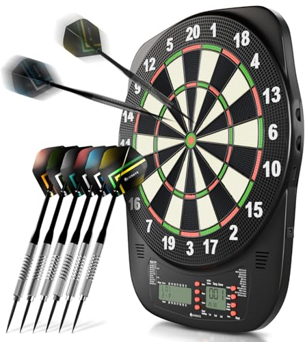 Juskys Elektronische Dartscheibe mit 32 Spielen & 359 Varianten, LCD-Display, USB-C, Pfeile & Zubehör, für bis zu 8 Spieler, Netz- & Batteriebetrieb