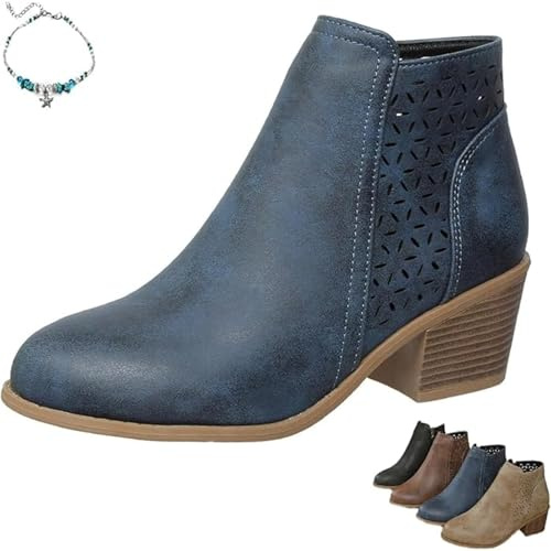 HESYSUAN Stivaletti ortopedici da donna con tacco medio spesso in pelle, per autunno inverno, punta a punta, tacco medio impilato, cerniera laterale, traspirante, barile traforato, stivali leggeri