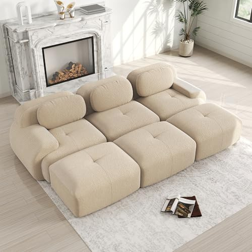Bladez Sofá cama moderno de terciopelo acanalado en forma de nube, sin montaje, modular, acolchado, para sala de estar, beige, 3 plazas + 3 plazas
