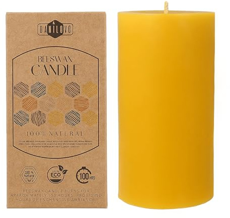 Danilovo Velas de Cera de Abeja Natural 100% Pura – Velas Decorativas Premium para un Hogar Acogedor – Aroma a Cera de Abeja Natural que da Confort Diario (1 pz, 7.5x15 cm, 100 horas)