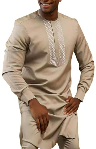 Vhersily Abito Da Uomo Africano A Maniche Lunghe Dashiki Con Stampa E Pantaloni Dorati, Vestito Tradizionale 2 Pezzi Arabi Islamici Caftano Etnici Da Preghiera Morbido Da Sposa Confortevole