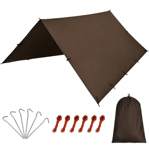GOOGO Bâche imperméable 450 x 300 cm, tarp de Camping ultraléger avec Sardines et Cordes, Voile d’ombrage pour Soleil et Pluie, hamac, Pique-Nique, randonnée (Marron)