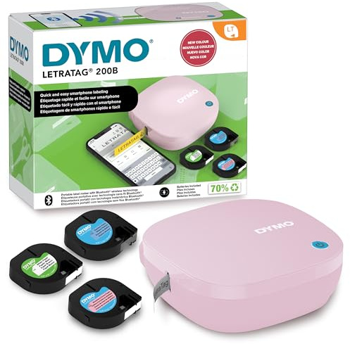 DYMO LetraTag 200B Étiqueteuse Bluetooth, Rose avec 3 Rubans, 12 mm | Imprimante d’Étiquettes Portable et Compacte pour l’Organisation de la Maison, du Bureau ou de Dortoir Étudiant
