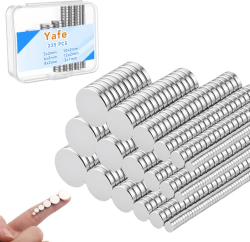 Yafe Lot de 235 aimants en néodyme, 6 tailles, avec boîte | Mini aimants puissants argentés pour réfrigérateur, tableau blanc, notes, photos et cartes
