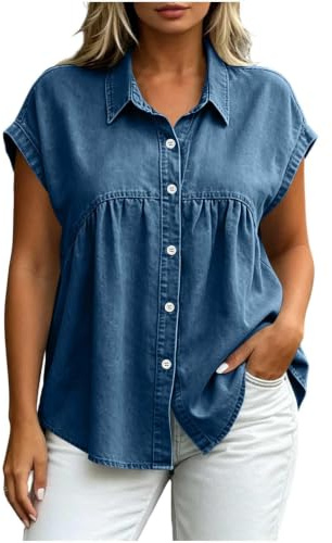 Jeansblus för kvinnor med krage, knappslå och manschettärmar | Lätt jeanstyg med knäppning, baskiskt snitt, kortärmad design; perfekt för arbete eller vardag.