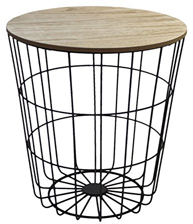 Beistelltisch rund 40xH43cm, schwarzer Metallkorb mit abnehmbarer Holzplatte - Aufbewahrungskorb Couchtisch Blumentisch Loungetische