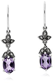 Boucles d'oreilles pendantes ovales en améthyste et marcassite de style Art nouveau en argent sterling 925