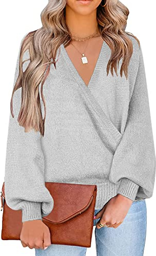 LookbookStore Fall Trendy Tops for Women Knit Long Sleeve Faux Wrap Surplice V Neck Grey Sweater Top Old Money Aesthetic Clothing Women Light Grey Fall Pullover Sweaters Size X-Large Size 16 18