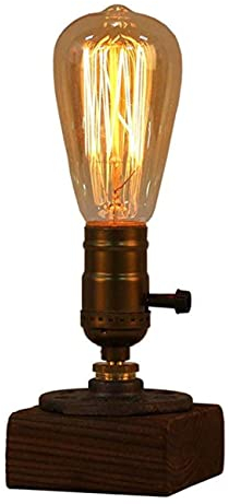 JINYU Weathered Wood Night Light Table Lamp Vintage Desk Lamp E26/E27 Edison Bulb Wooden Base Retro Industrial Steampunk Iron Pipe Flange Dimmable Nightlight for Bedroom Living Room Home Art Display