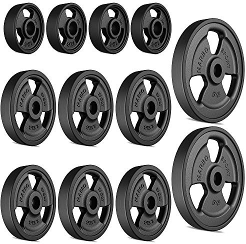 Marbo Sport Tri-Grip Hantelscheiben-Set KIER_G aus Gusseisen mit Gummi-Ummantelung, Gewichte mit Aufnahme Ø31 mm, 2 x 5 kg + 6 x 2,5 kg + 4 x 1 kg (Gesamtgewicht 29 kg)