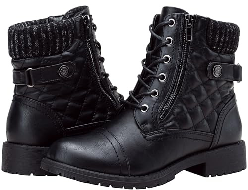 Vepose Women's Black Ankle Boots, Lace up Casual Combat Booties, Size 7 US - 927 Knitting Wool (CJY927 black 07)