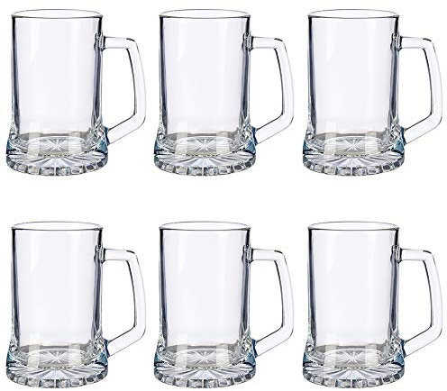 Vivalto Set de 6 Jarras de Cerveza con asa, Jarra Cerveza Tradicional Reino Unido y USA, Jarra de Cristal 380 ml.