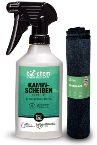 bio-chem Ofen- und Kaminscheibenreiniger Kaminglasreiniger - 500 ml Hochleistungs-Aktivschaum inkl. Mikrofasertuch - Entfernt mühelos hartnäckige Ablagerungen wie Ruß, Fette, Rauchharz - Made in DE