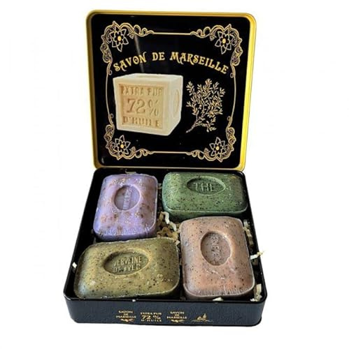 Coffret cadeau 4 savons de Marseille Le Sérail et boite en métal savon de Marseille noire- parfums Thé vert, lavande broyée, germes de blé, verveine broyée- idéal pour offrir,