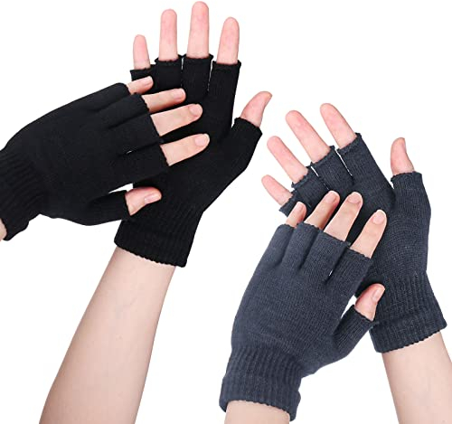 Sibba HalbfingerHandschuhe 2 Paar Gestrickter Touchscreen warm dehnbar fingerlose Handschuhe für Herren und Damen Schwarz und grau Einheitsgröße