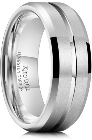 King Will - Bague en carbure de tungstène pour homme et femme, 8 mm, argentée avec rainure centrale, finition mate, confortable au travail et au quotidien 64.7 (20.6)