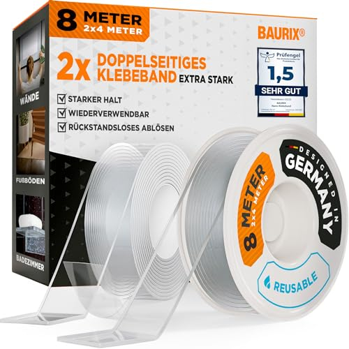BAURIX® Nano Tape Doppelseitig [2x4m] – Starkes Klebeband für Wand, Teppich & Deko – transparent, waschbar, wiederverwendbar – ideal für DIY und professionelle Anwendungen