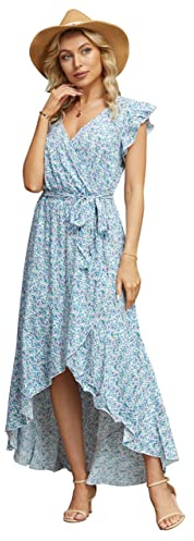 GRECERELLE Womens Summer Maxi Dress Boho Floral Cocktail Midi Polka Dot Wrap Dresses V Neck Casual Party Bohemian Flowy Long Dress for Ladies (FP Floret Blue, S)