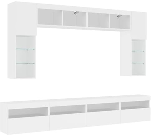 vidaXL TV Wall Cabinet Set 8 Piece with LED Lights, Floating TV Unit for Living Room Office, Wall Mounted Cabinet TV Cabinet, White