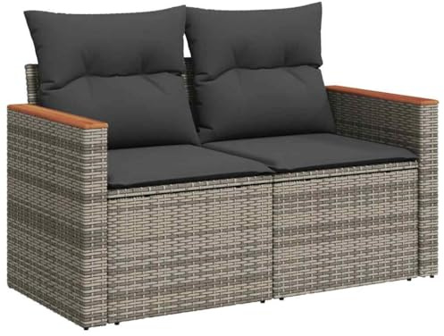 vidaXL Canapé de Jardin 2 Places avec Coussins, Siège avec Accoudoirs, Transat avec Dossier, Meuble de Terrasse Patio, Gris Résine Tressée