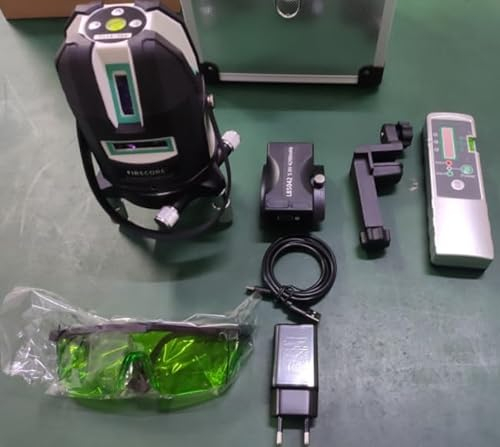 Firecore FGL-411G Niveau laser auto-nivelant à 5 lignes, niveau de chantier laser vert avec récepteur, Laser croisé rotatif avec point d'aplomb et étui de transport