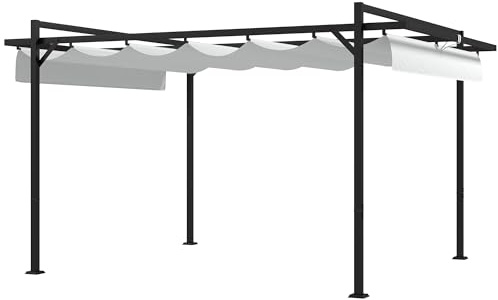 Outsunny Pérgola 3x4 m Gazebo Cenador de Jardín con Techo Retráctil de Poliéster y 12 Orificios de Drenaje Pérgola para Patio Terraza Exterior Blanco y Gris Oscuro