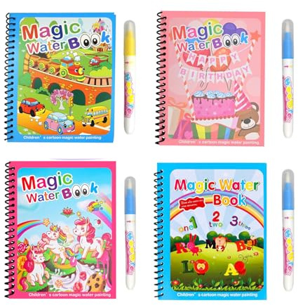 Semazz Livre de Coloriage Magique à l'eau,4 PCS Enfants Livres de Coloriage à l'eau Réutilisable Lettre de Licorne de Dessin Animé pour Dessiner Peindre à l'eau Idéal en Voyage pour Enfants
