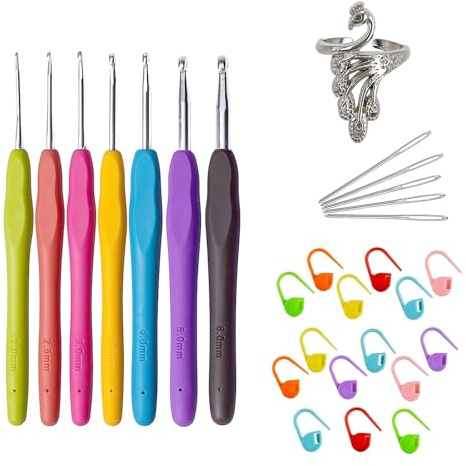 JCUGSBS Set di Uncinetti,Crochet 7 Pezzi Uncinetto Set Morbida 2,0 mm-6,0 mm Kit Uncinetto 16 Accessori Set Uncinetti Ergonomici per Principianti DIY Cappelli Giocattoli Ragazze
