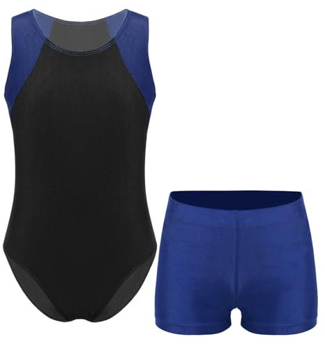 Jowowha Kinder Ballettanzug Jungen Gymnastikanzug Turnanzug Ballett Trikot Leotard Ärmellos Body mit Shorts Gym Sportwear Marine Blau 110-116