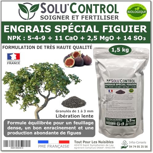 Engrais Spécial Figuier 1,5 kg - SoluControl - NPK 5-4-9 - Croissance et Fructification - Riche en Calcium et Magnésium - Sachet Zip Refermable - Utilisable en Agriculture Biologique